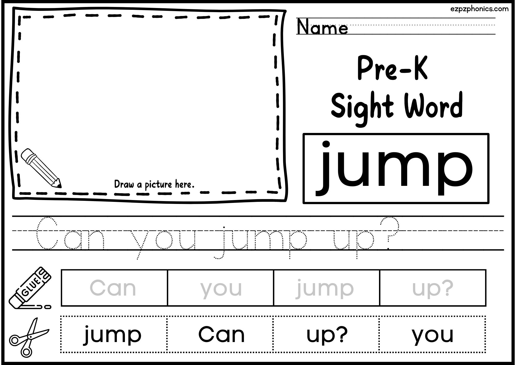 Jump Dolch Sight Word Activity. Draw, Color, Cut and Paste, and Word Tracing.